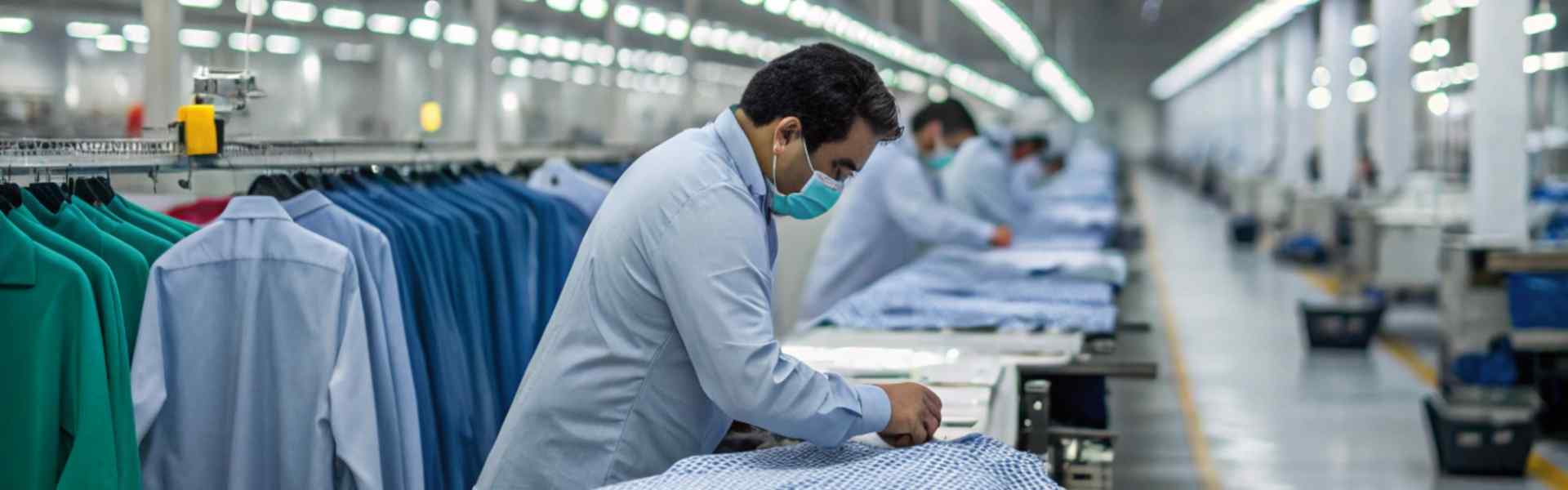 Factory workers inspecting shirts for quality control.