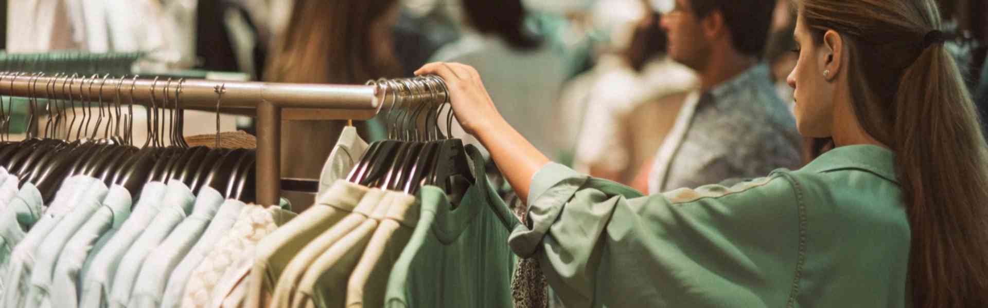 A woman browsing through green clothing on a rack in a busy store.