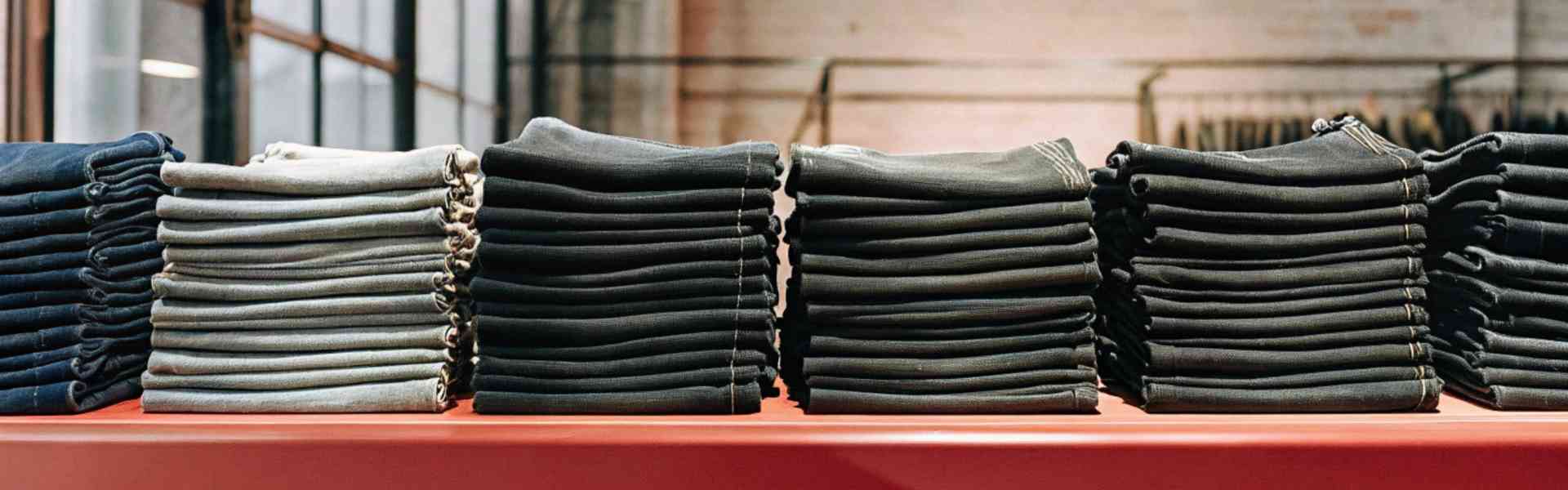 Neatly folded stacks of jeans in different shades on a red table.