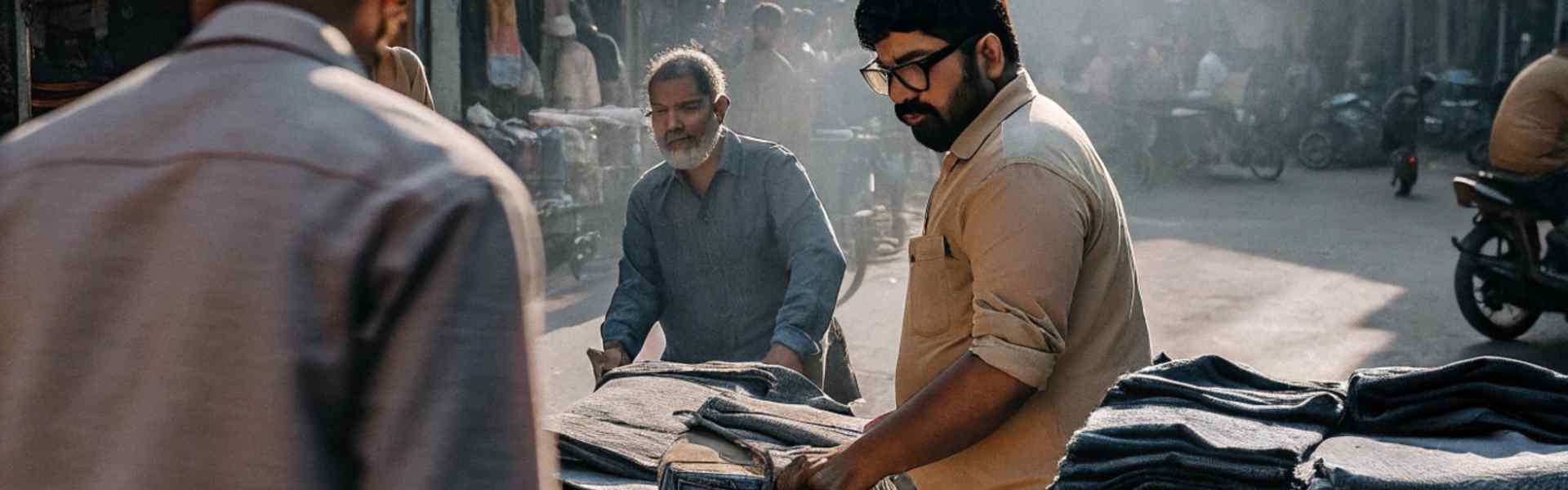 Man browsing denim jeans at an outdoor street market.