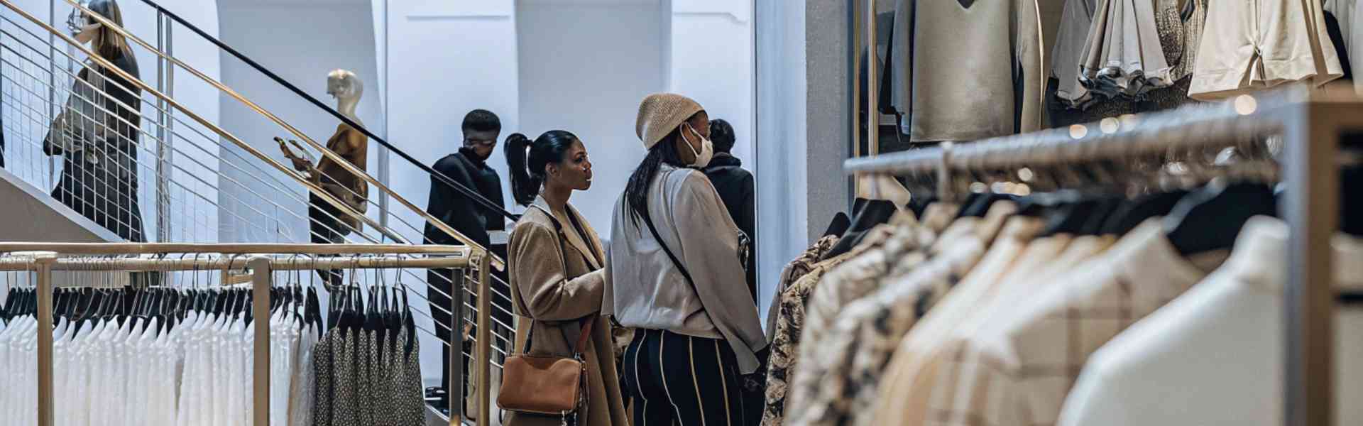 Shoppers browsing trendy clothing in a modern boutique.