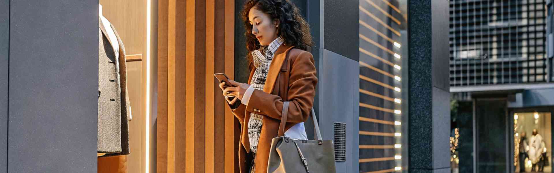 A fashionable woman in a brown coat checking her phone outside a store.