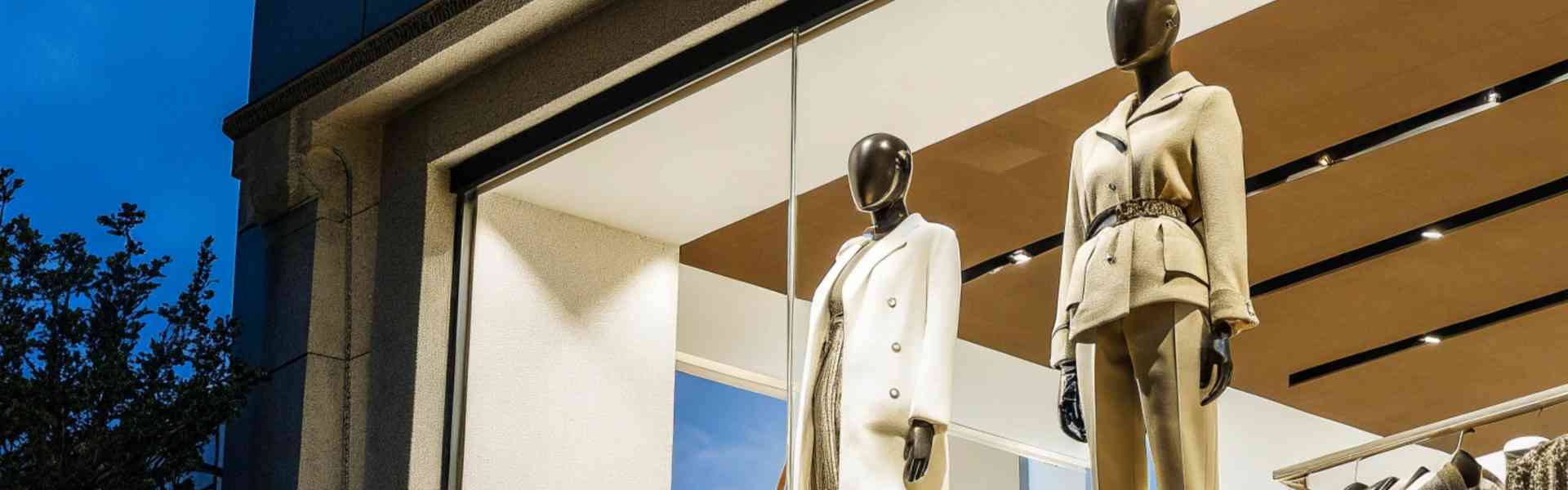 Fashion mannequins in a store window wearing elegant beige outfits.