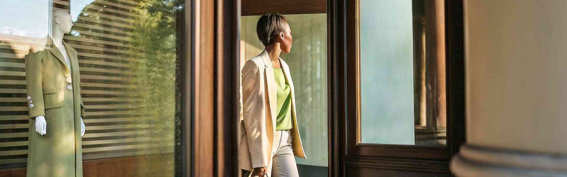 A woman walks past a store window displaying a green coat.