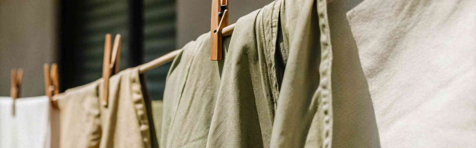 Earth-toned fabrics drying on a clothesline with wooden clothespins.