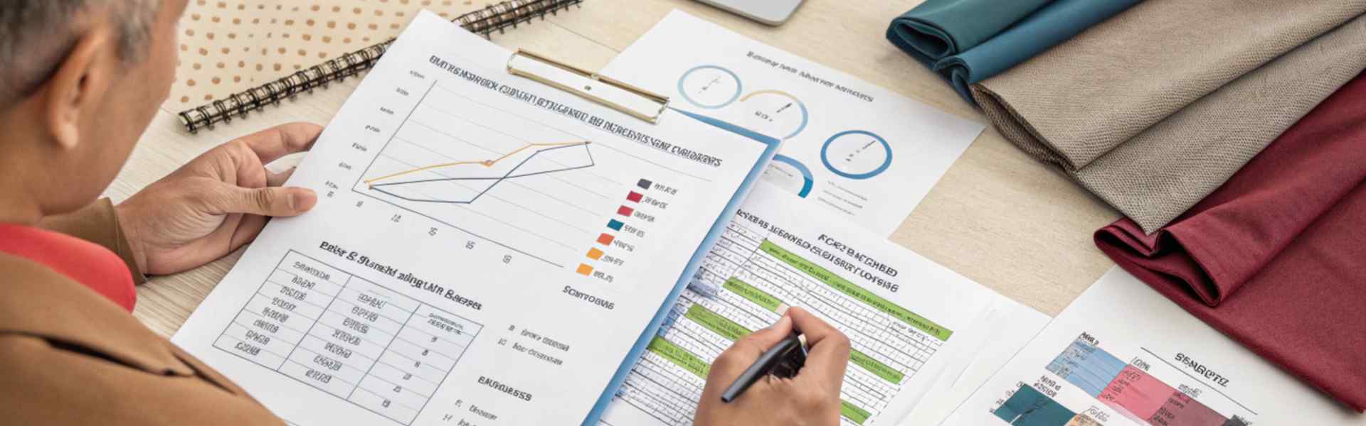 Person analyzing textile production data with charts.