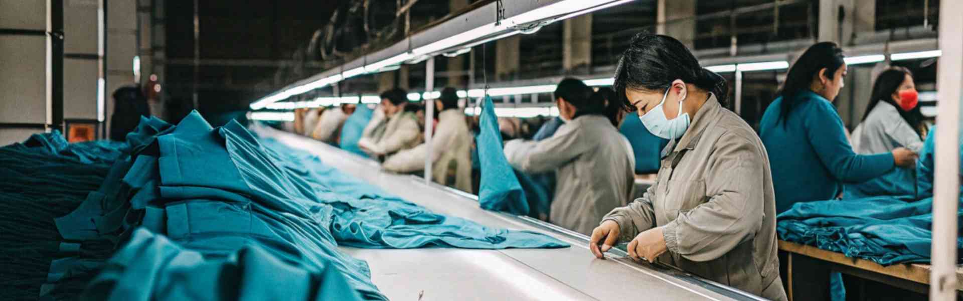 Workers in a garment factory handling blue fabric