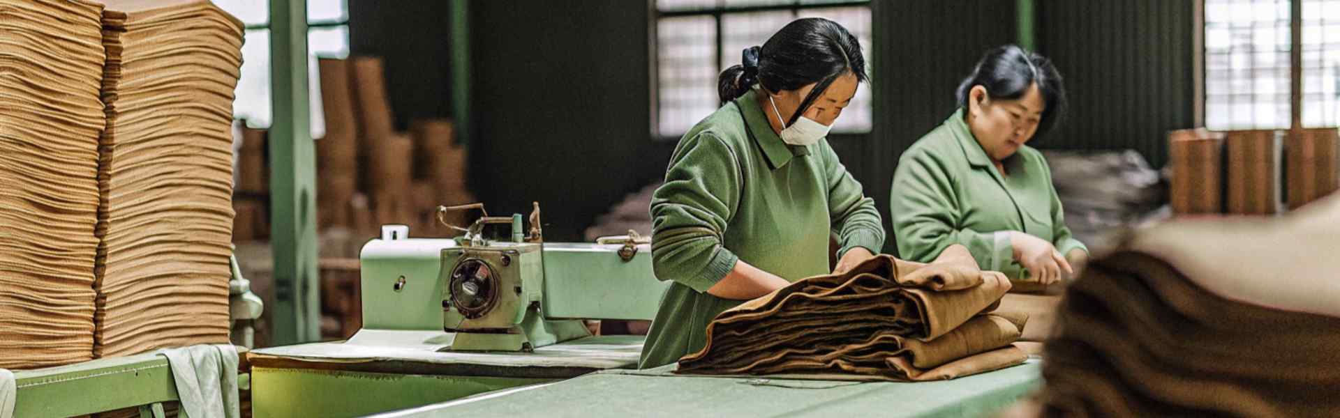 Workers in a textile factory processing fabric.