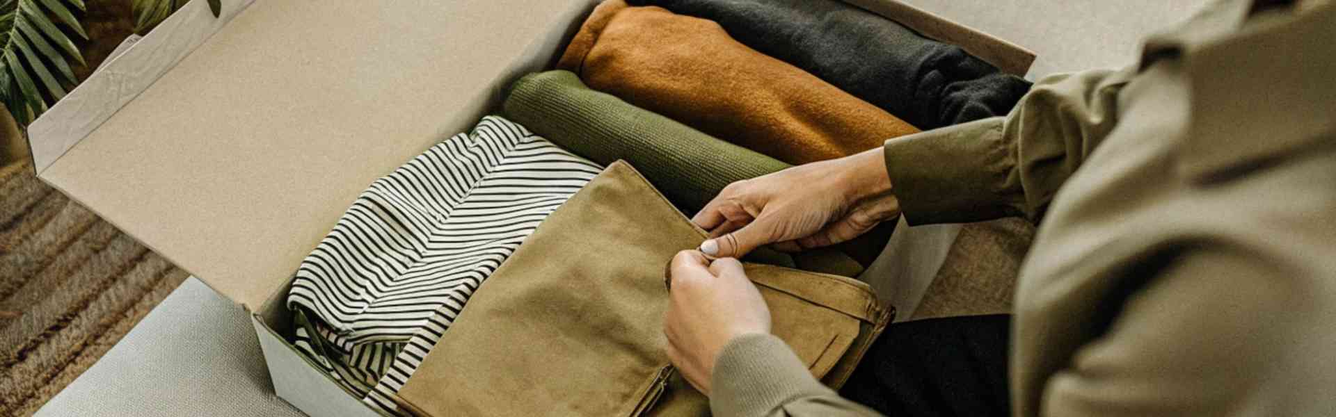 A person unpacking neatly folded clothes from a box on a couch.