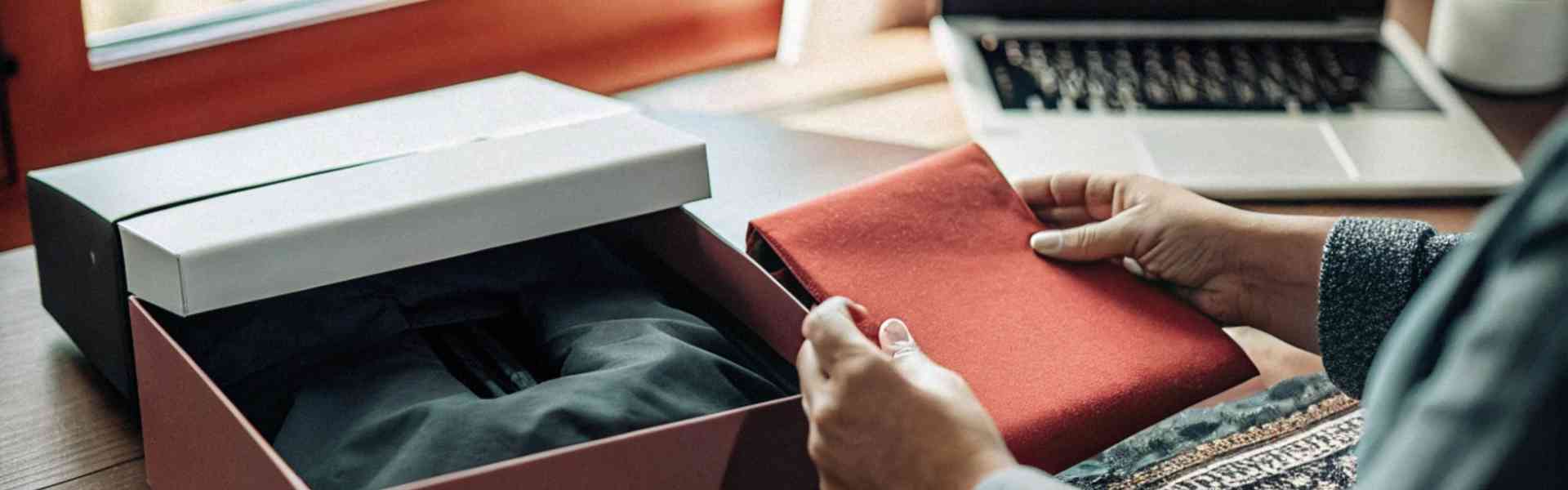 Person unboxing clothes next to a laptop.