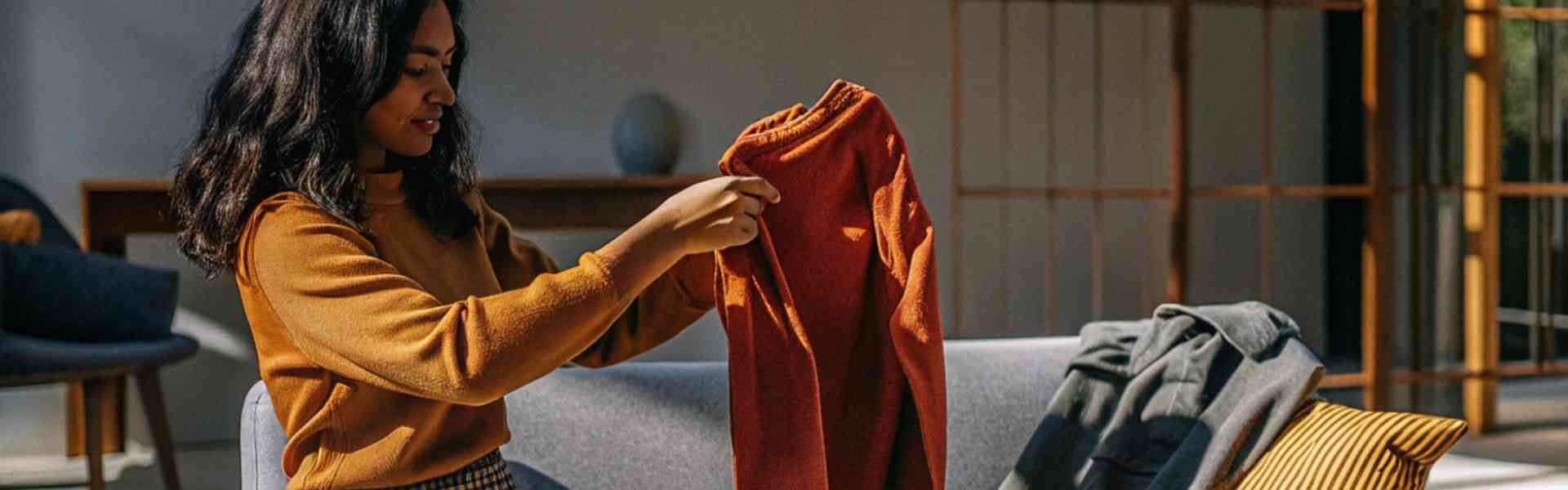Woman examining a burnt-orange sweater in a sunlit living room.