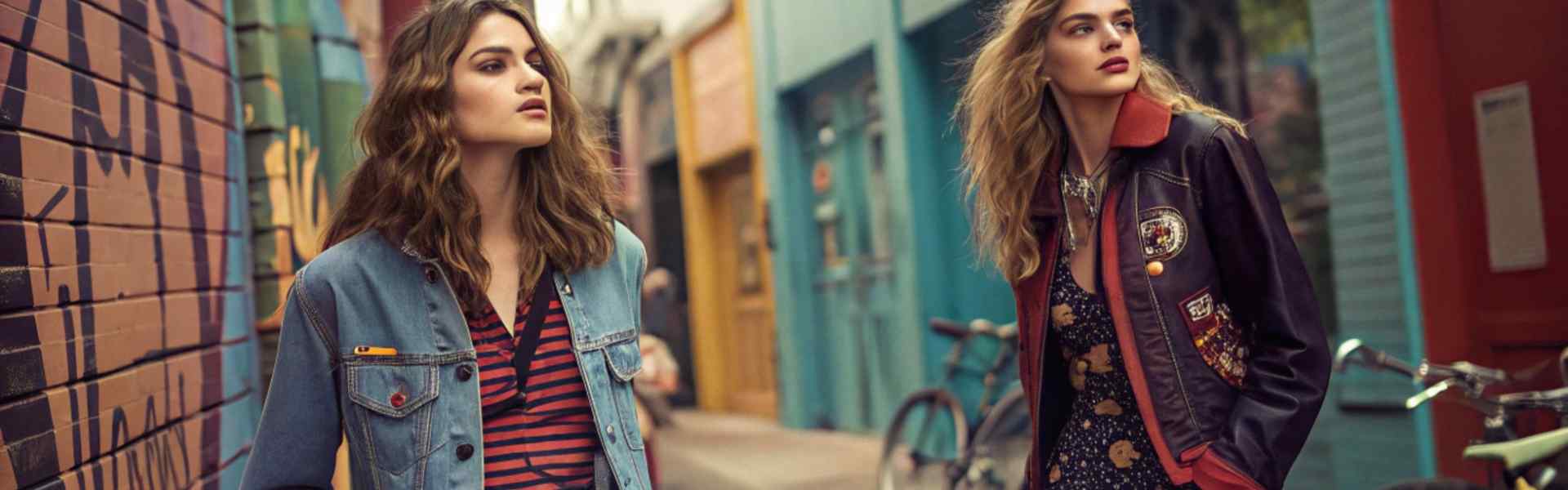 Two women in trendy outfits walking in an urban alley.