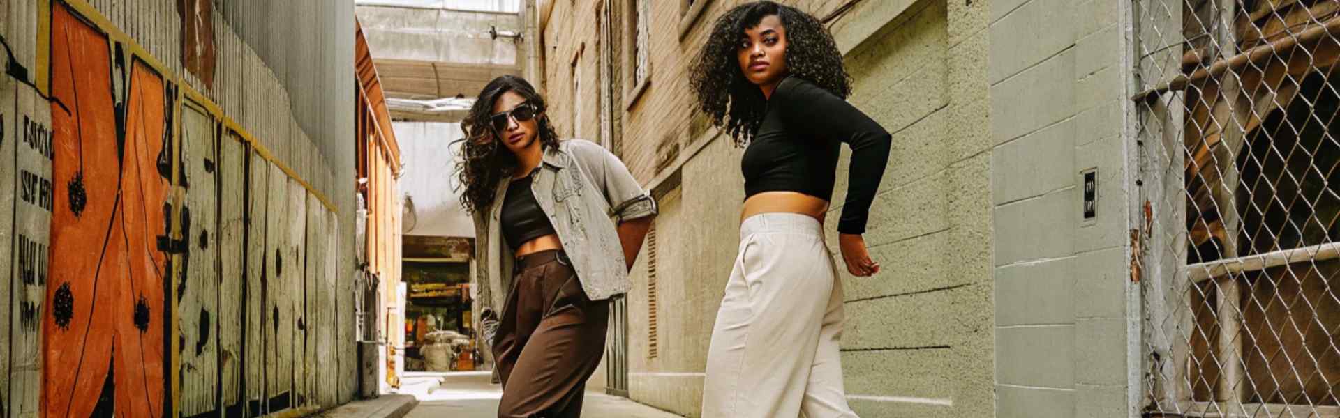 Two women posing in streetwear outfits in an urban alley.