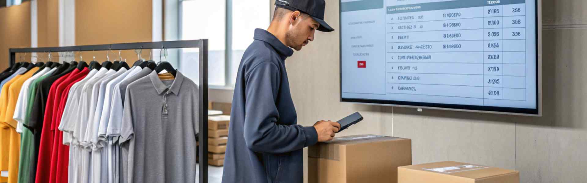 Worker scans boxes near clothing rack in warehouse.