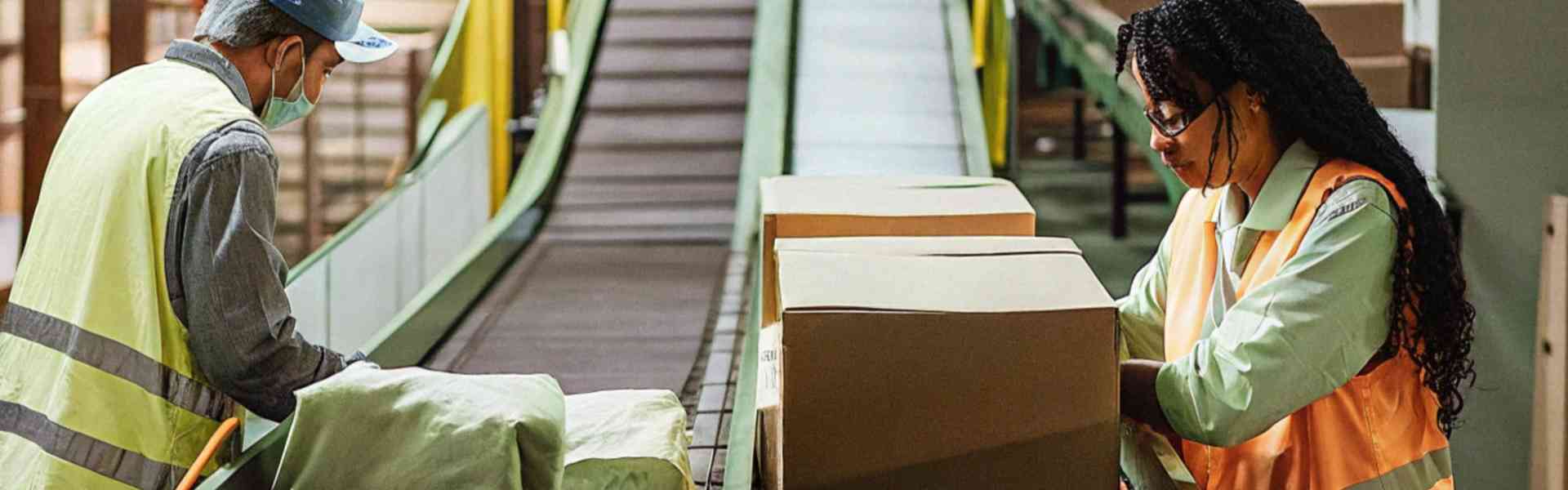 Workers in a warehouse packing boxes on a conveyor belt.