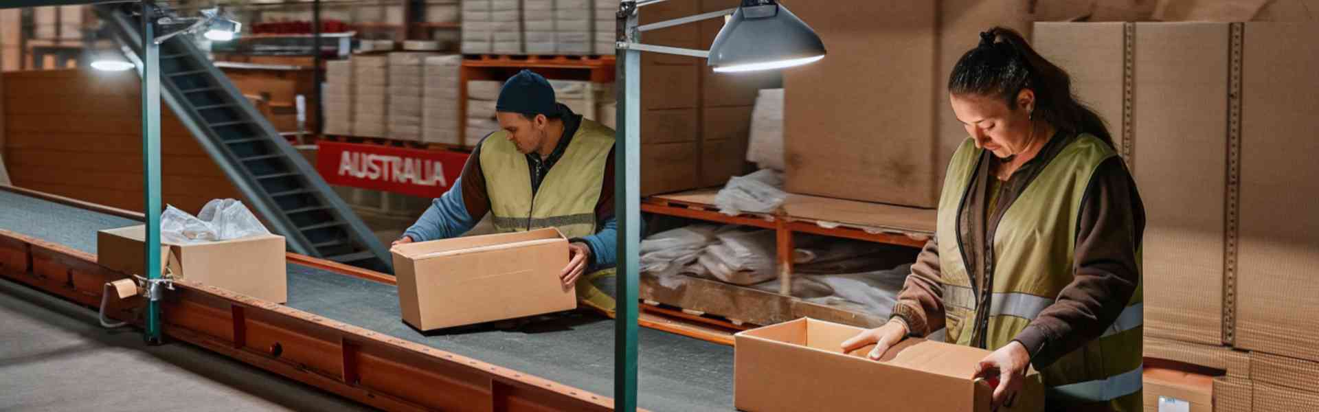 Workers packing and organizing boxes on a conveyor belt in a warehouse, wearing reflective vests.