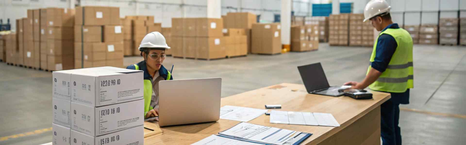 Two workers using laptops to manage inventory in a large warehouse.