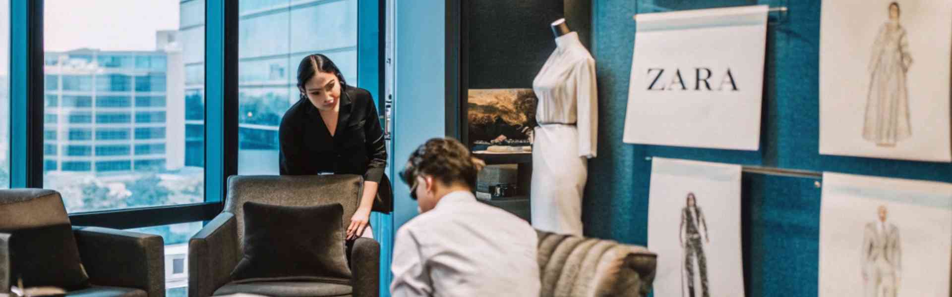 A woman and a man working in a Zara fashion design office.