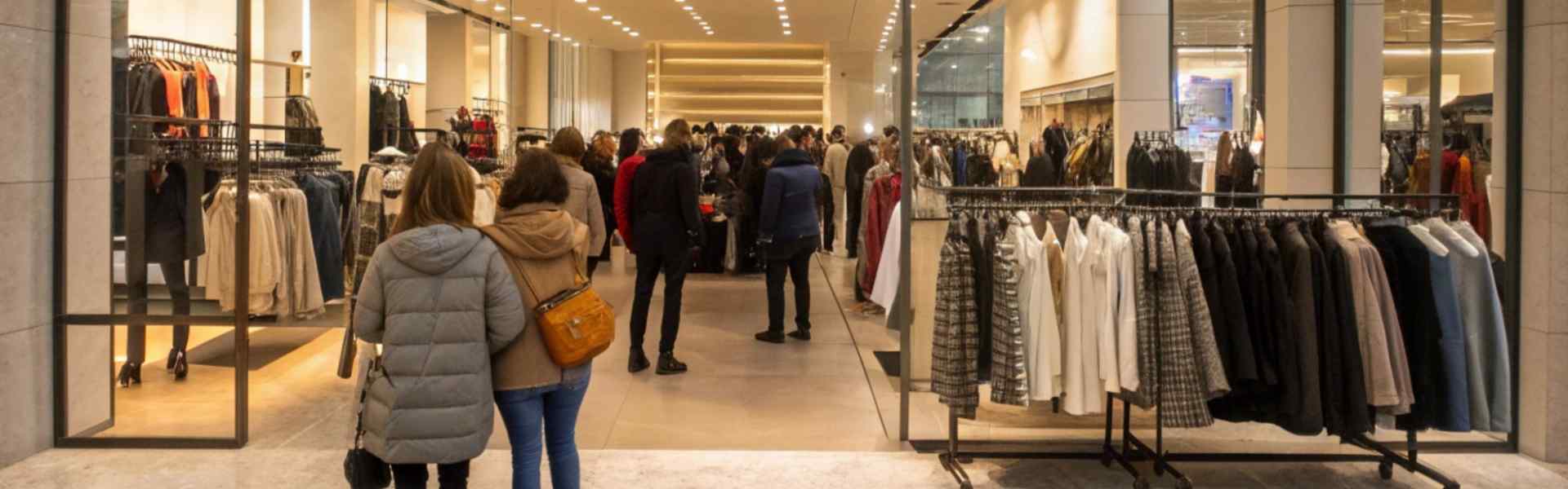 Shoppers entering Zara clothing store in mall.