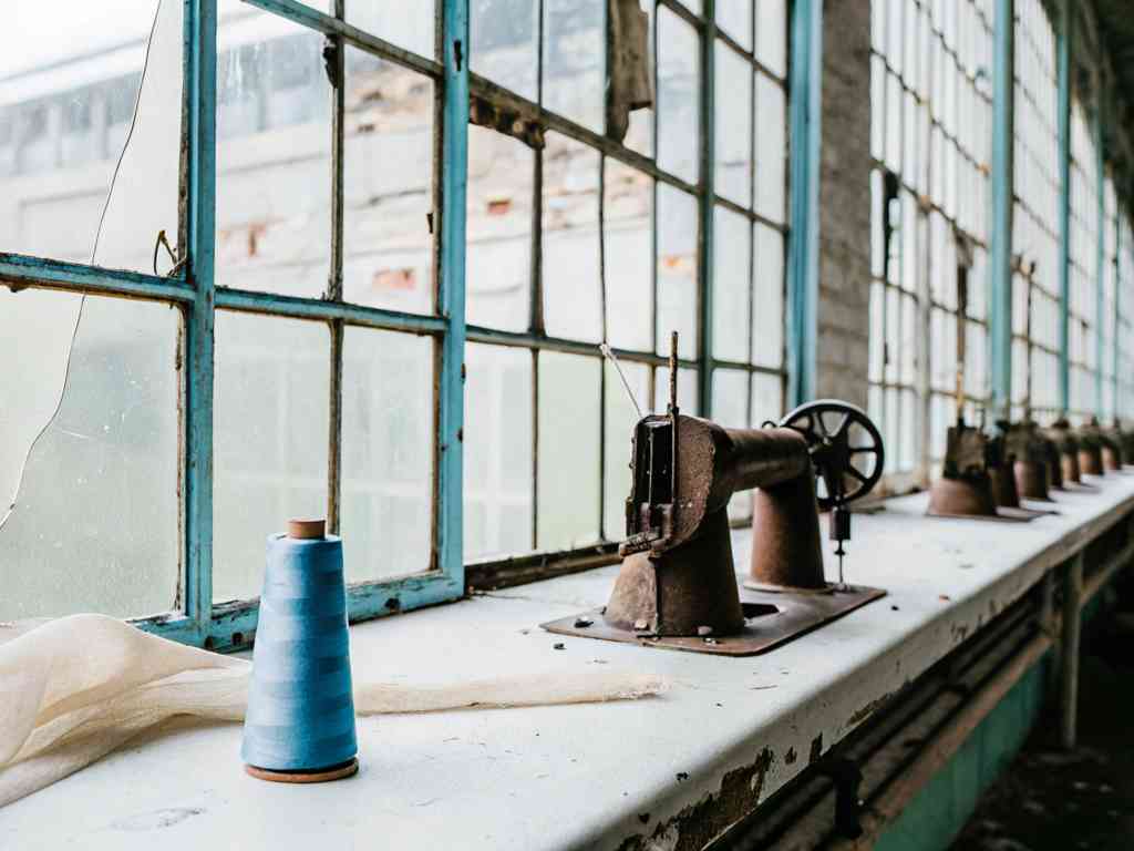 An old sewing machine and blue thread spool in a decaying factory with broken windows.