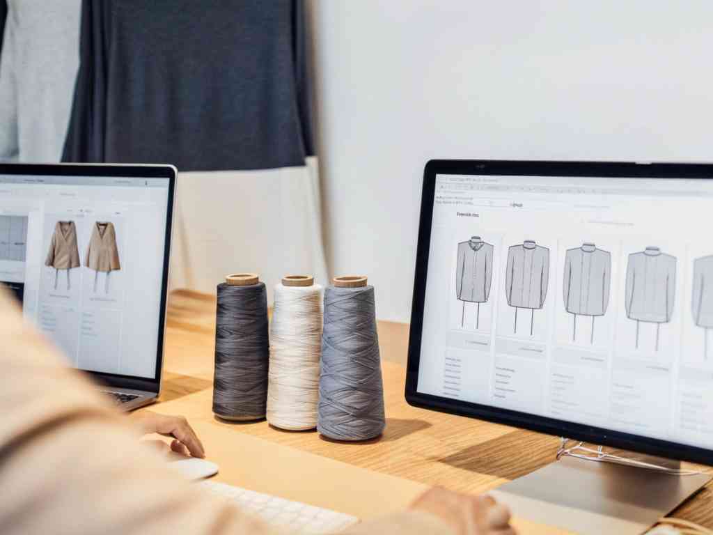 Fashion sketches on screen beside gray thread spools