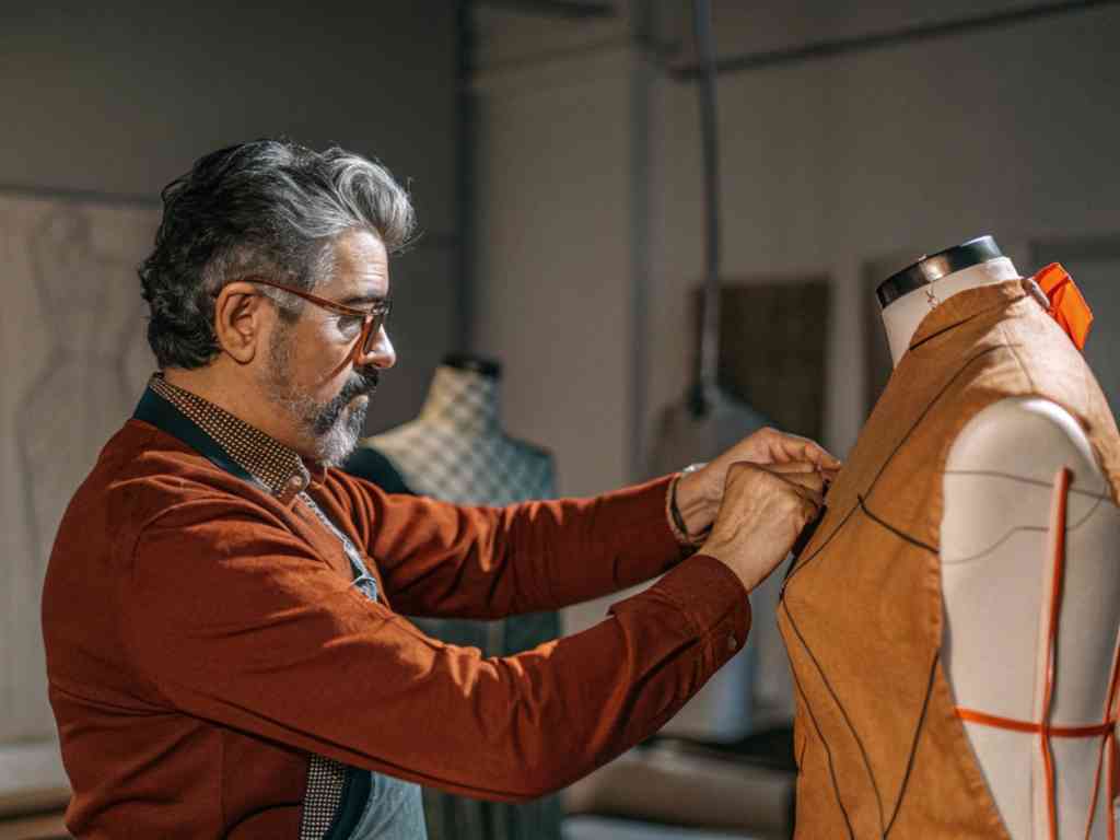 Male designer adjusts brown fabric on dress form.