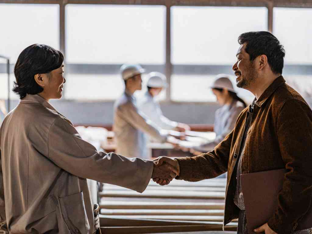 Two professionals shaking hands in a factory with workers in the background.