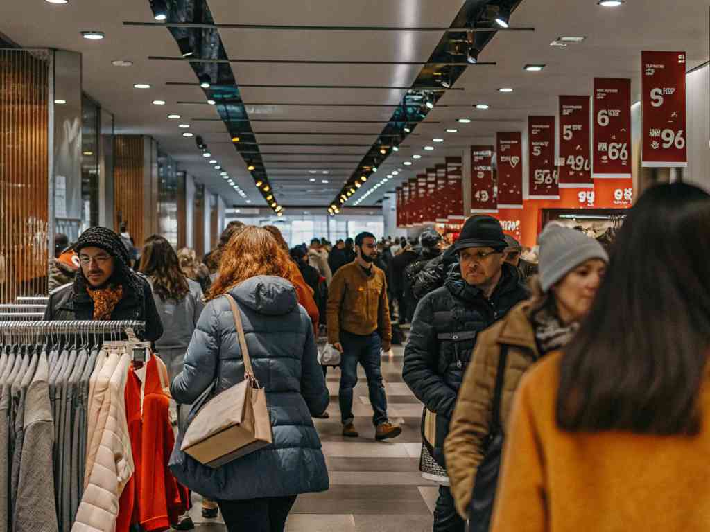 A crowded retail store with winter shoppers and red sale signs.