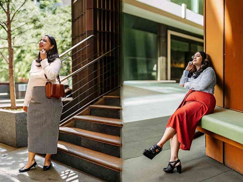 Women in elegant office outfits posing outdoors.