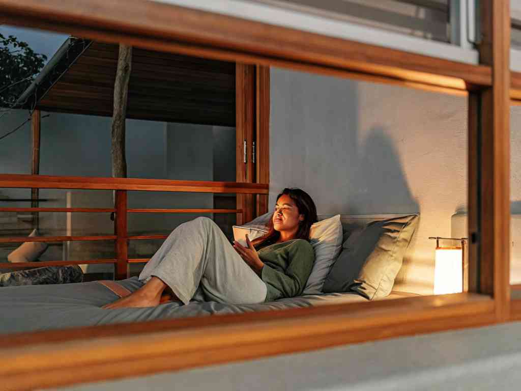 A woman lounges on an outdoor bed at night, using her phone in a warm, serene setting.