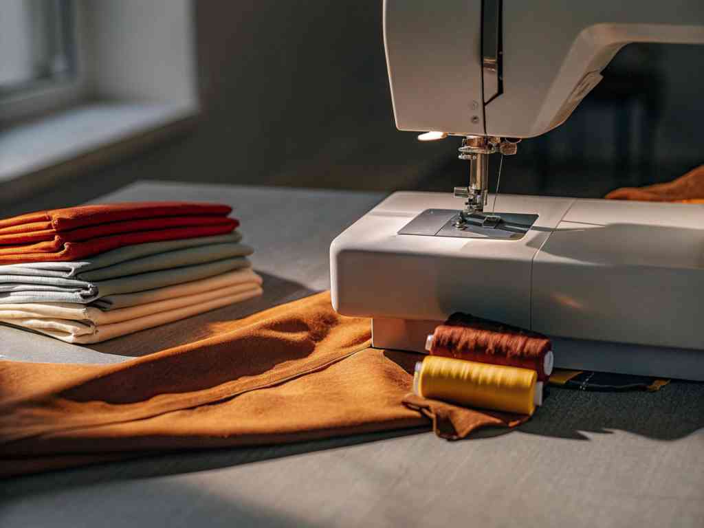 A sewing machine on a table with stacked fabrics and spools of thread in warm tones.