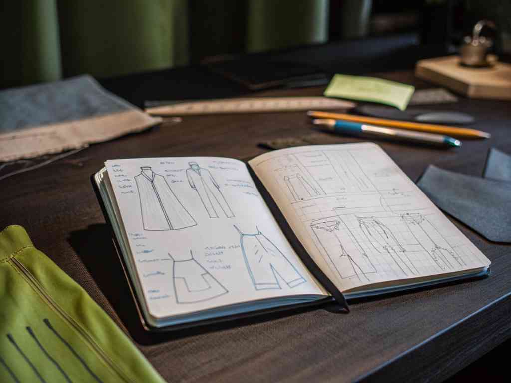 Open sketchbook with garment design drawings