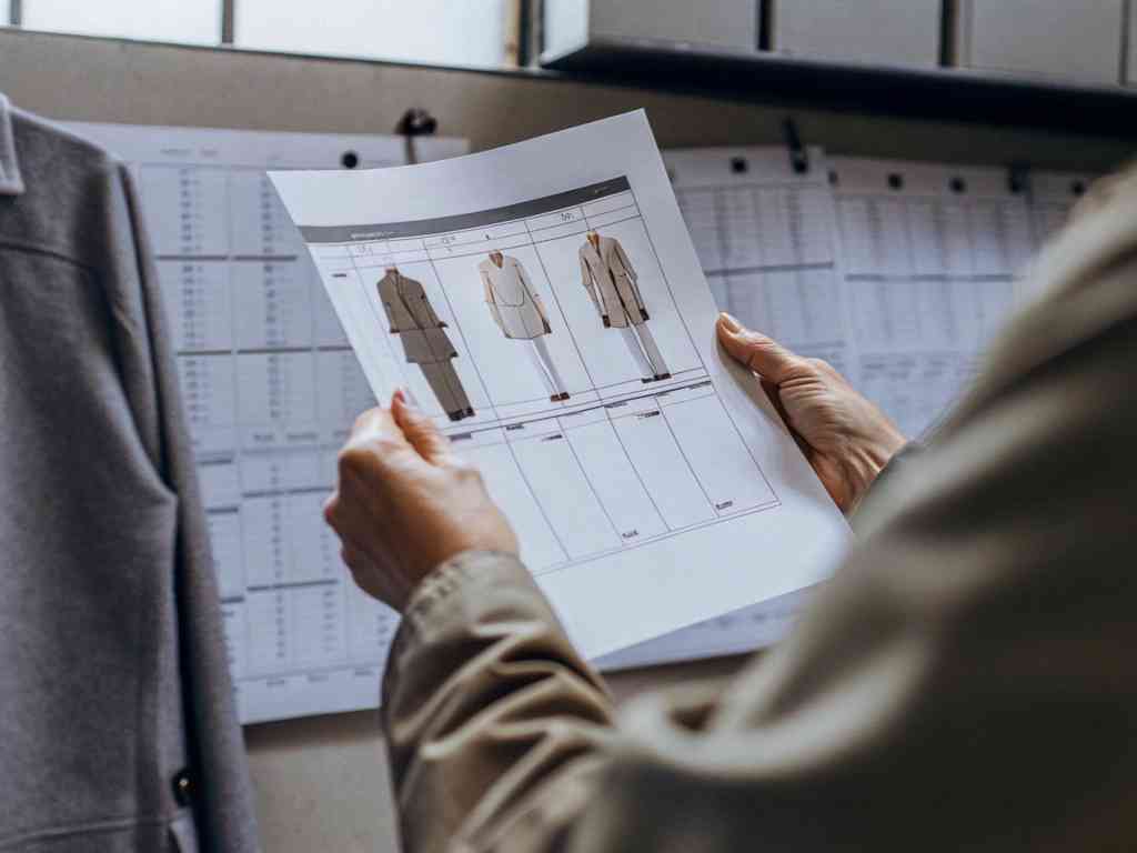 Person reviewing printed garment design sheet.