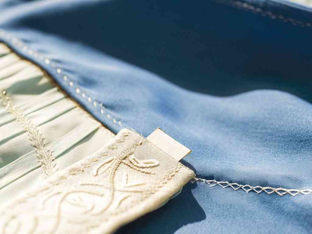 Close-up of blue fabric with intricate stitching and embroidery.