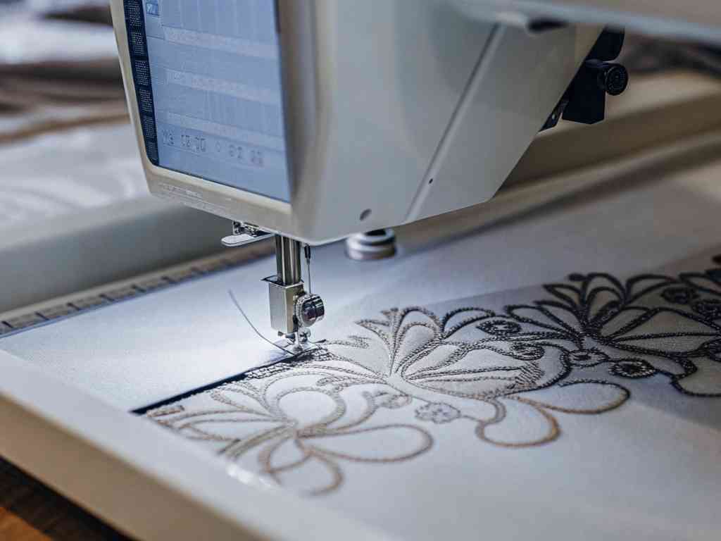 A computerized embroidery machine stitching an intricate black floral pattern on white fabric.