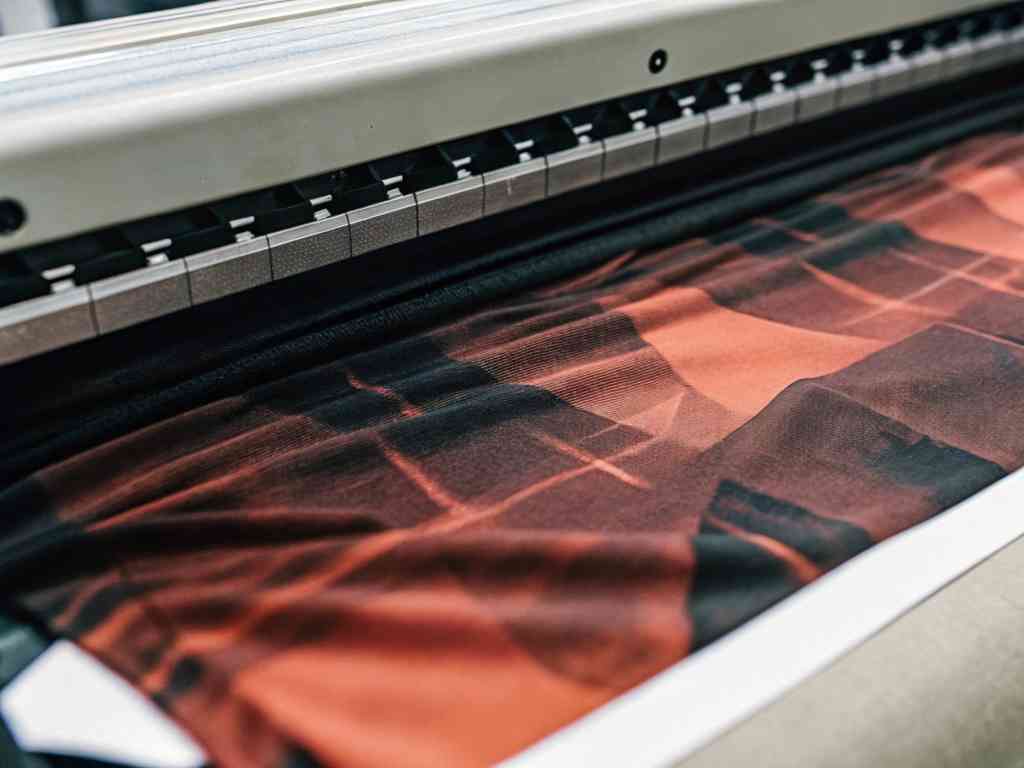 Fabric with abstract red design in digital printer.