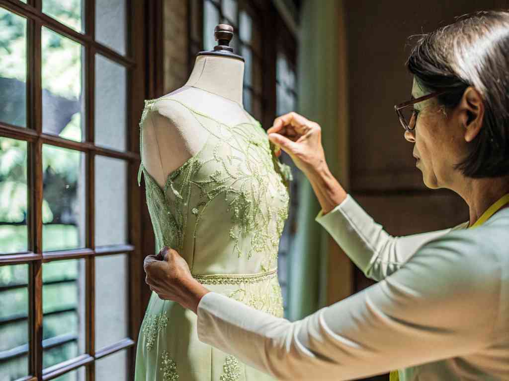 A designer carefully adjusting an elegant green dress on a mannequin.