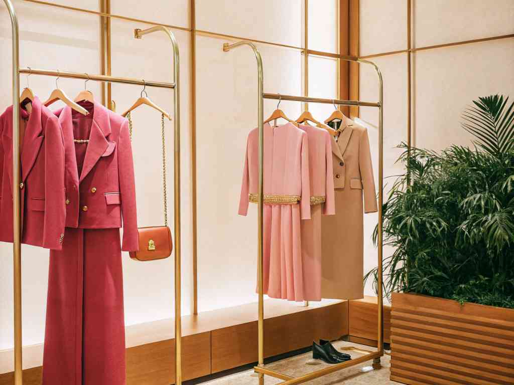 A luxury boutique showcasing pink and beige suits and dresses on gold racks.