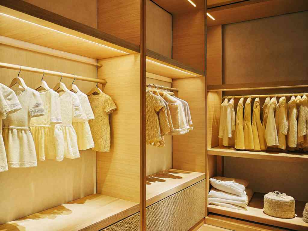 A boutique display featuring cream and beige dresses and outfits in a wooden interior.