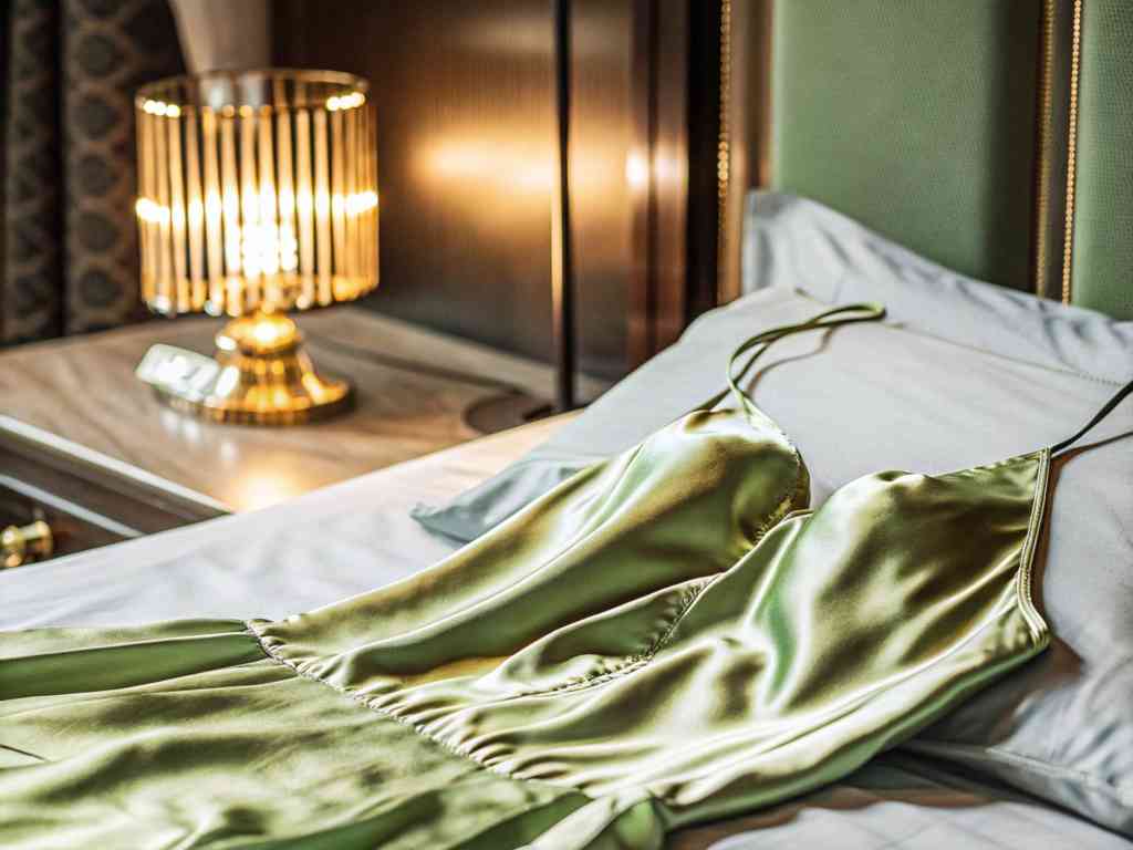 A luxurious green satin dress laid on a bed beside a glowing bedside lamp.