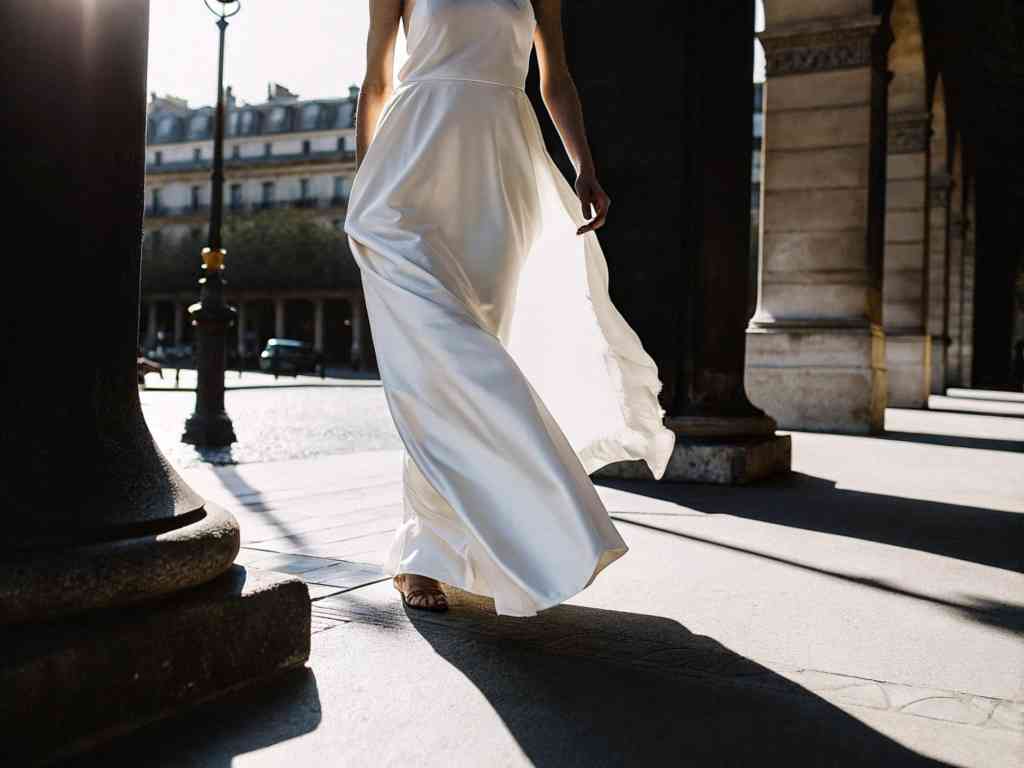 A woman in a flowing white dress walking through a Parisian arcade.