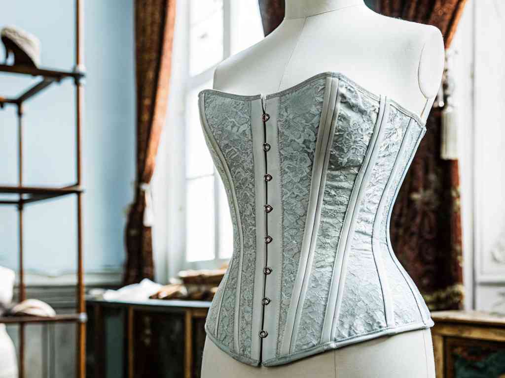 A light blue lace corset displayed on a mannequin in a vintage-style room.