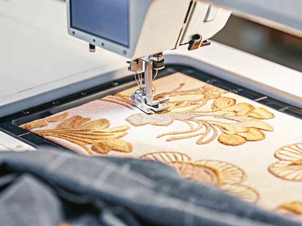 A computerized embroidery machine stitching an intricate golden floral design on fabric.