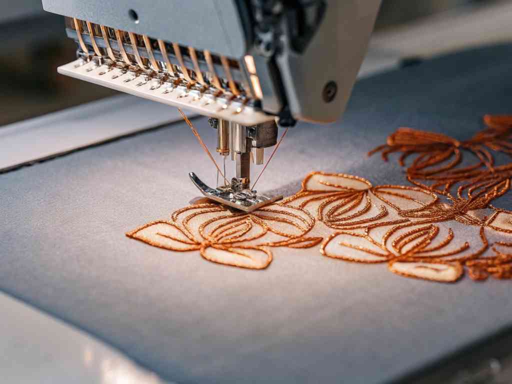 Close-up of an embroidery machine stitching an intricate floral pattern with orange thread on fabric.