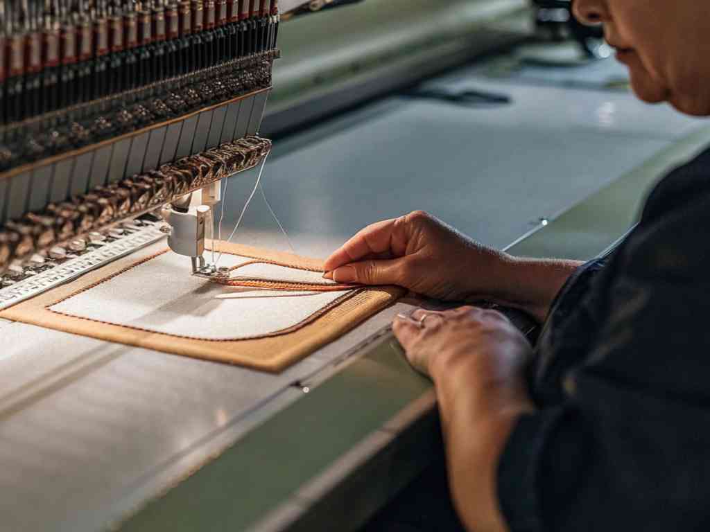 Person guiding fabric under automated embroidery machine.