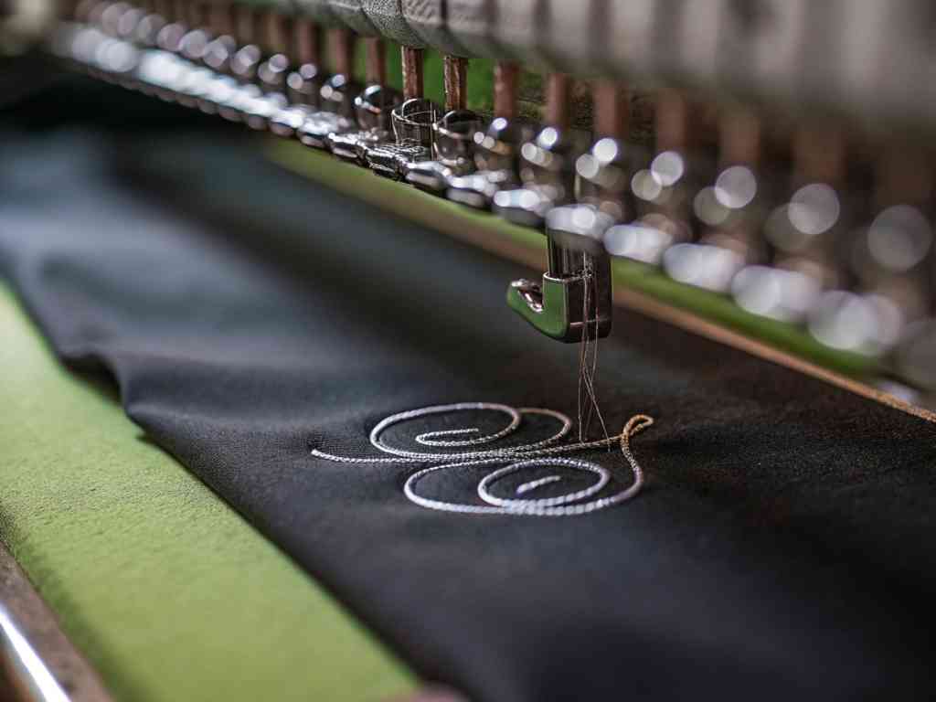 A close-up of an embroidery machine stitching a decorative design on black fabric.