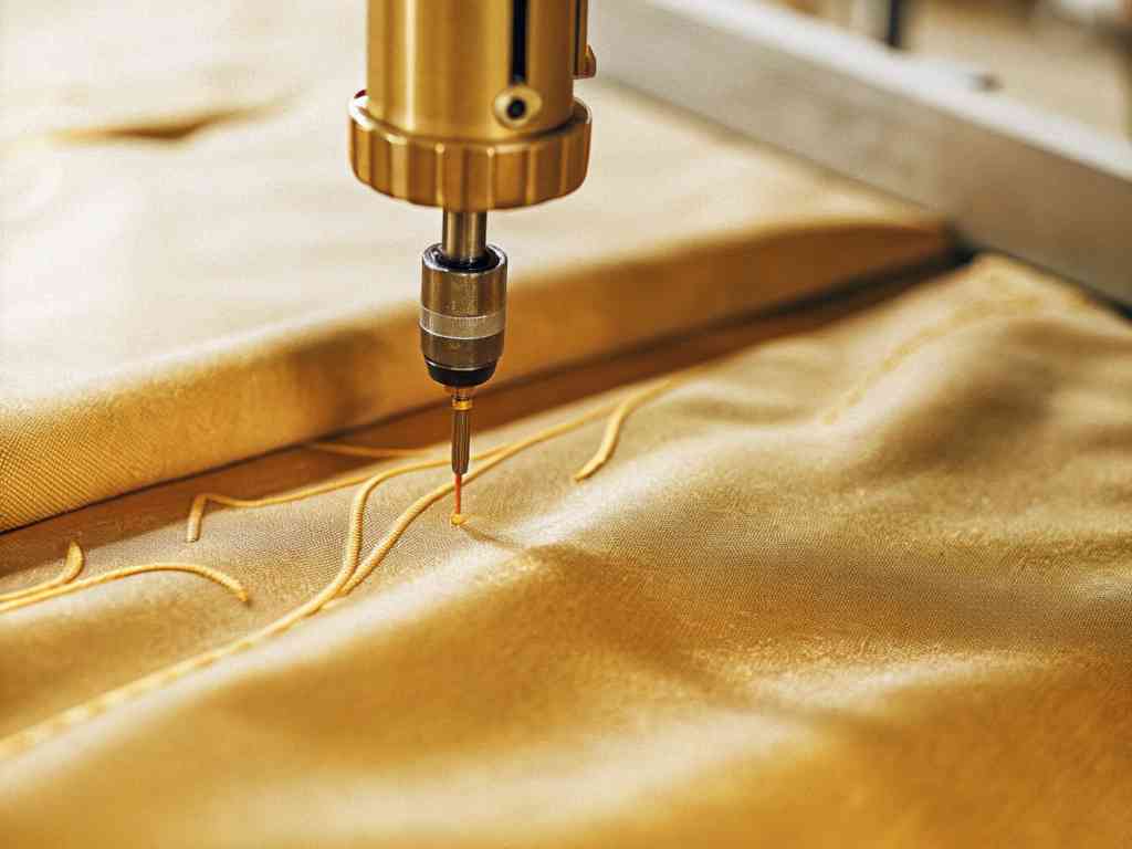 A close-up of an embroidery machine stitching golden thread onto fabric.