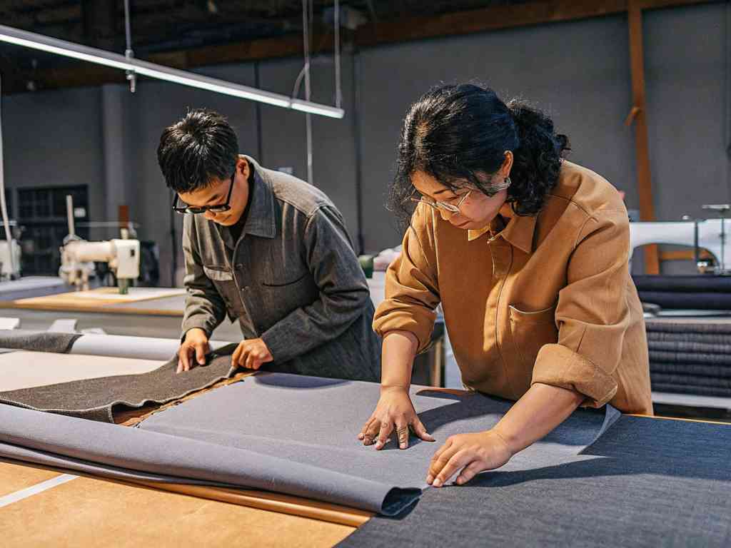 Two textile workers carefully cutting and preparing fabric in a workshop.