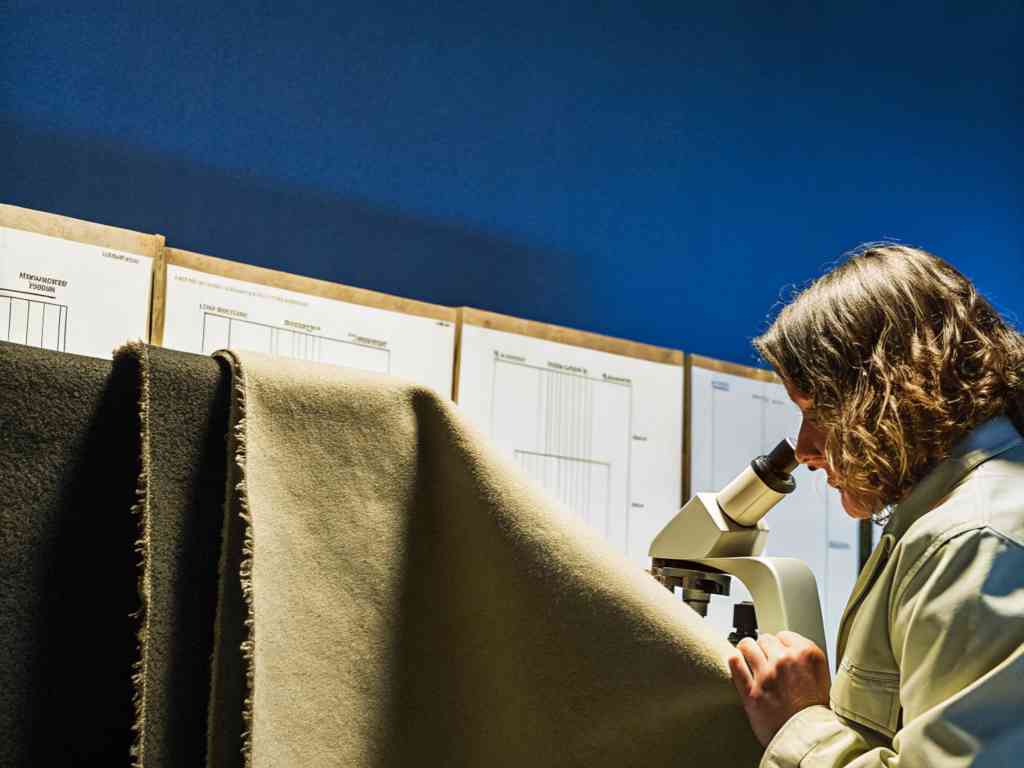 Researcher examining fabric under microscope for quality analysis.