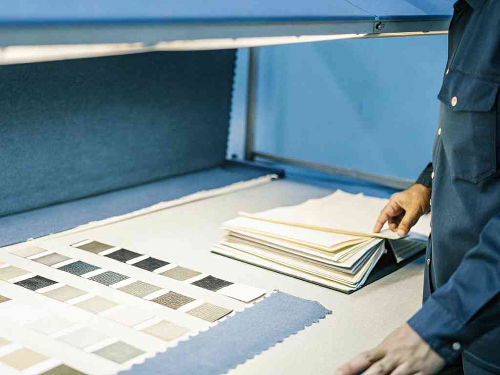 Man examining fabric swatches under studio light